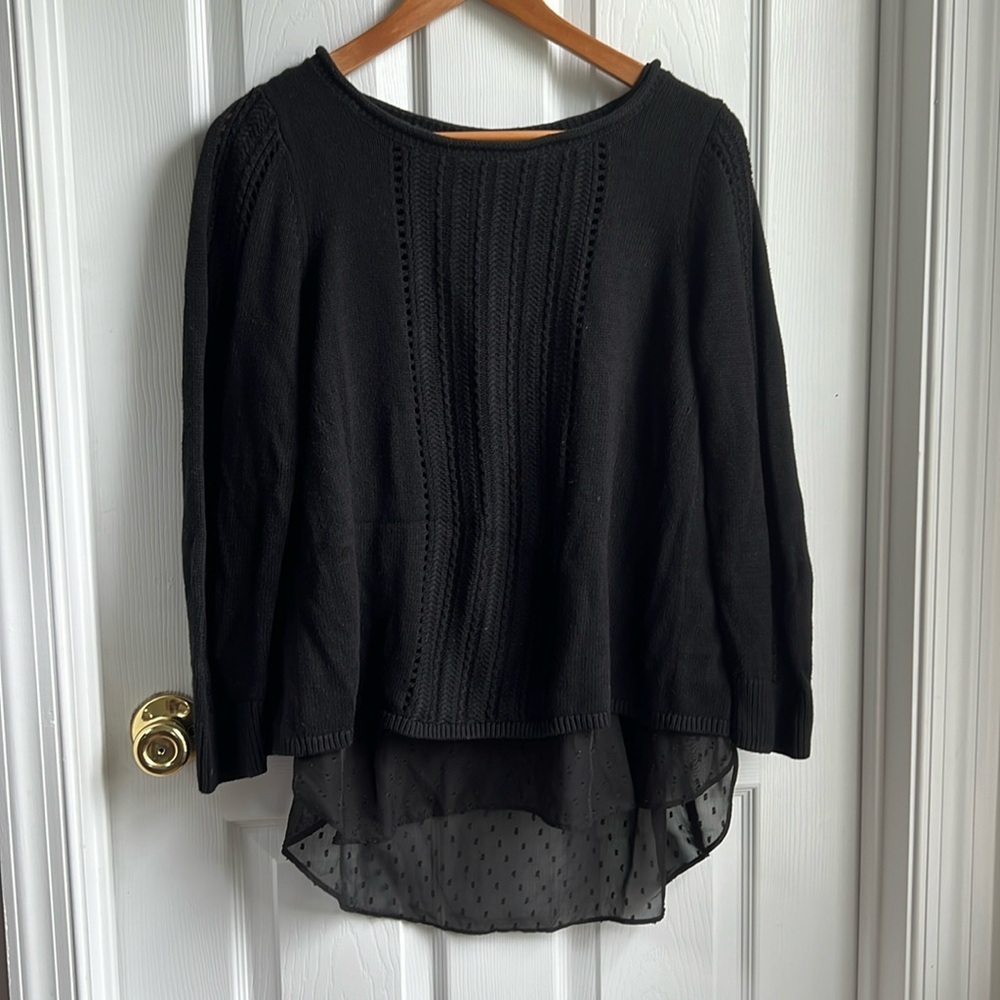 Lucky Brand Knit Black Sweater With Feminine Chiffon Lining  Women’s Size Large